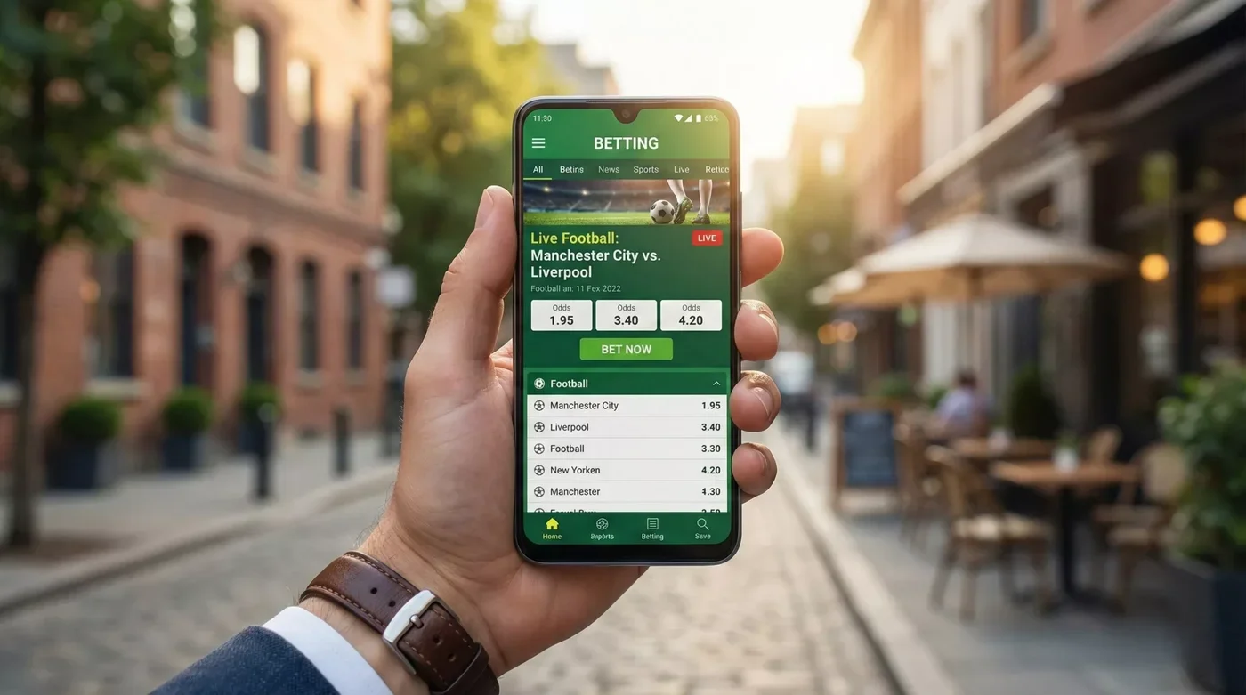 Telemóvel Android com app de apostas desportivas no ecrã mostrando odds de futebol