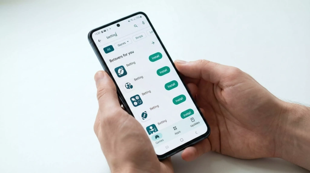 Smartphone Android a mostrar a Google Play Store para download de aplicações de apostas