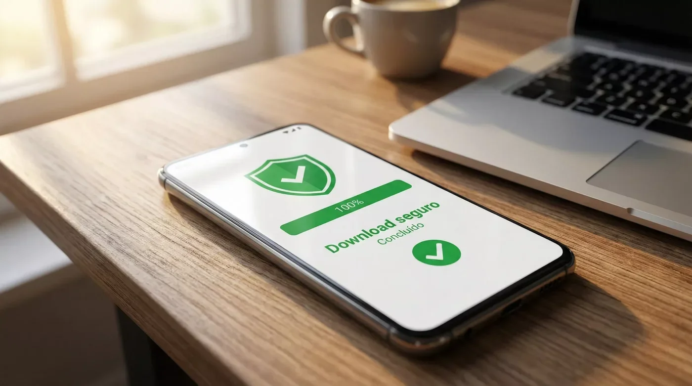 Smartphone Android a mostrar download seguro de ficheiro APK com ícone de verificação