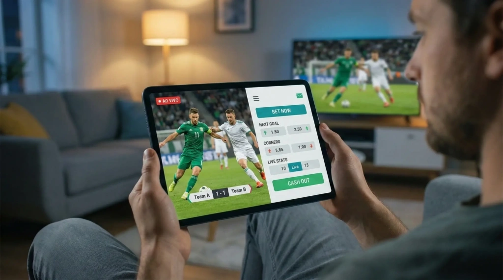 Tablet a mostrar transmissão ao vivo de futebol com interface de apostas em tempo real
