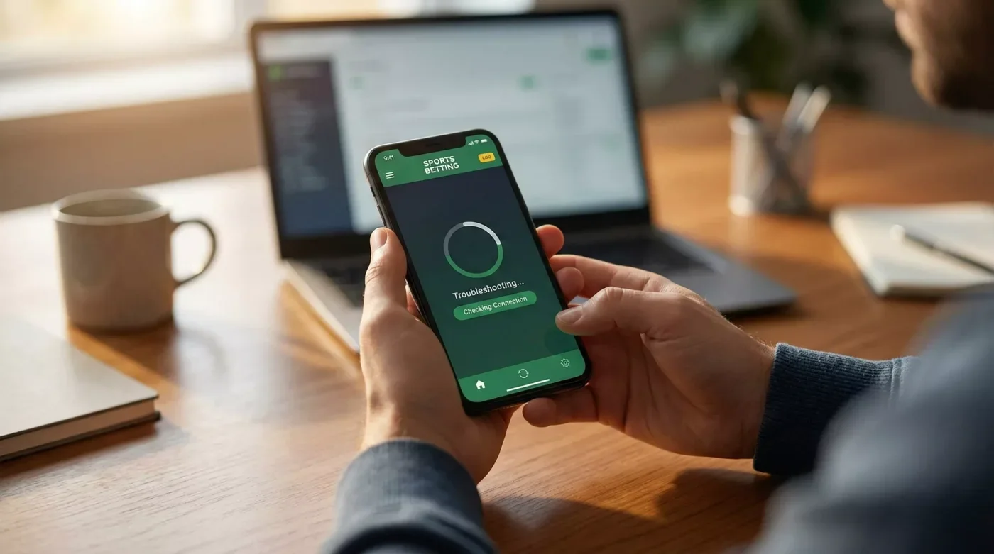 Utilizador a resolver problemas na app de apostas no telemóvel com interface de diagnóstico