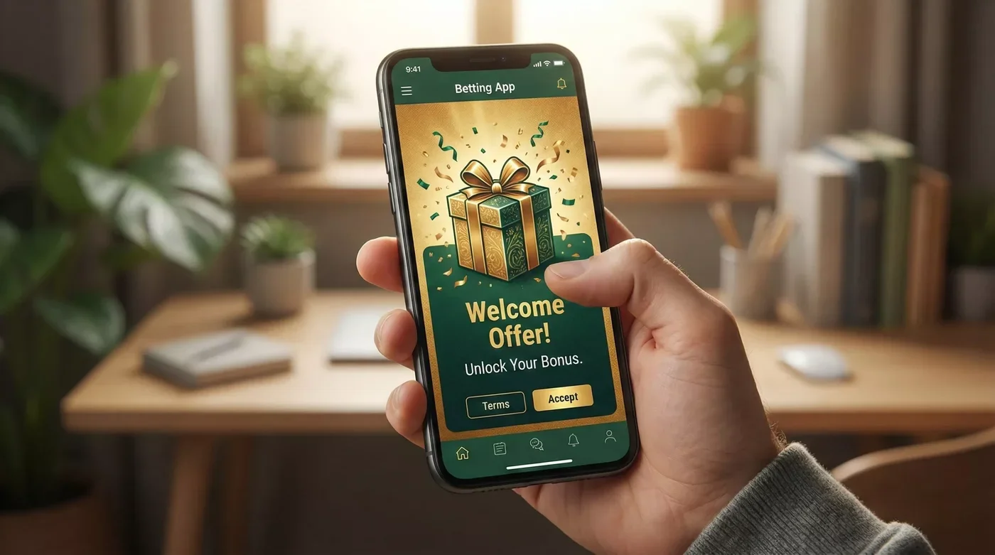 Smartphone a mostrar banner promocional de bónus numa app de apostas