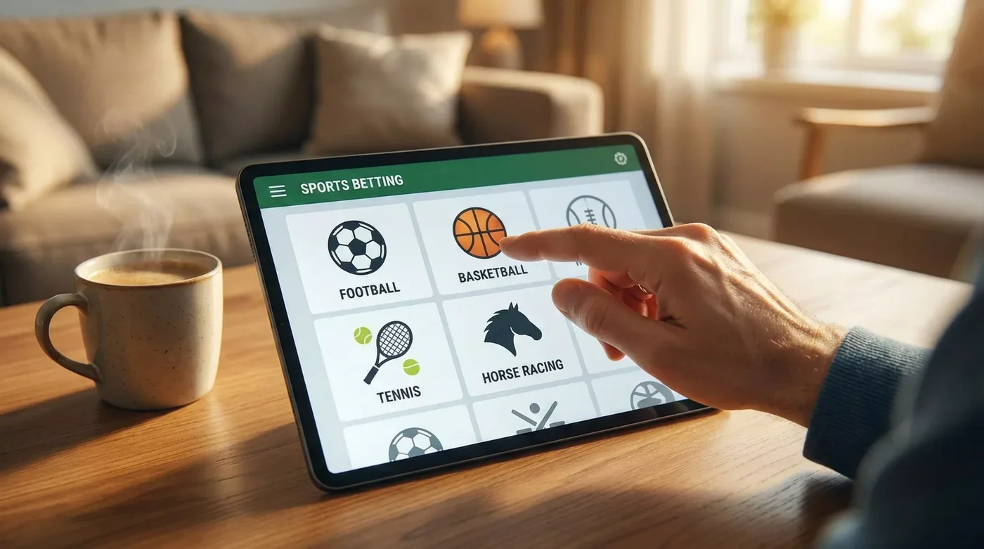 Tablet a mostrar variedade de desportos disponíveis numa app de apostas