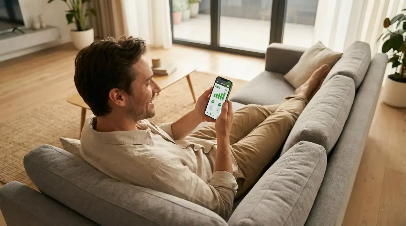 Pessoa satisfeita a utilizar app de apostas no smartphone em ambiente confortável