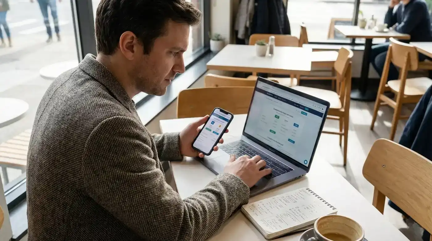 Pessoa a pesquisar e comparar apps de apostas num café com portátil e smartphone