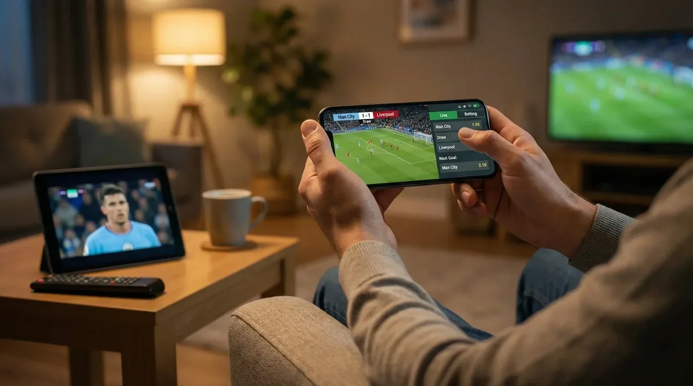 Smartphone a transmitir jogo de futebol ao vivo com opções de apostas