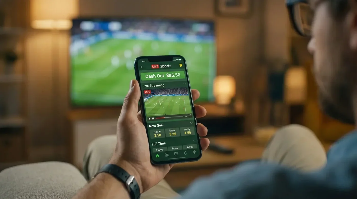 Interface de cash out e streaming ao vivo numa app de apostas desportivas