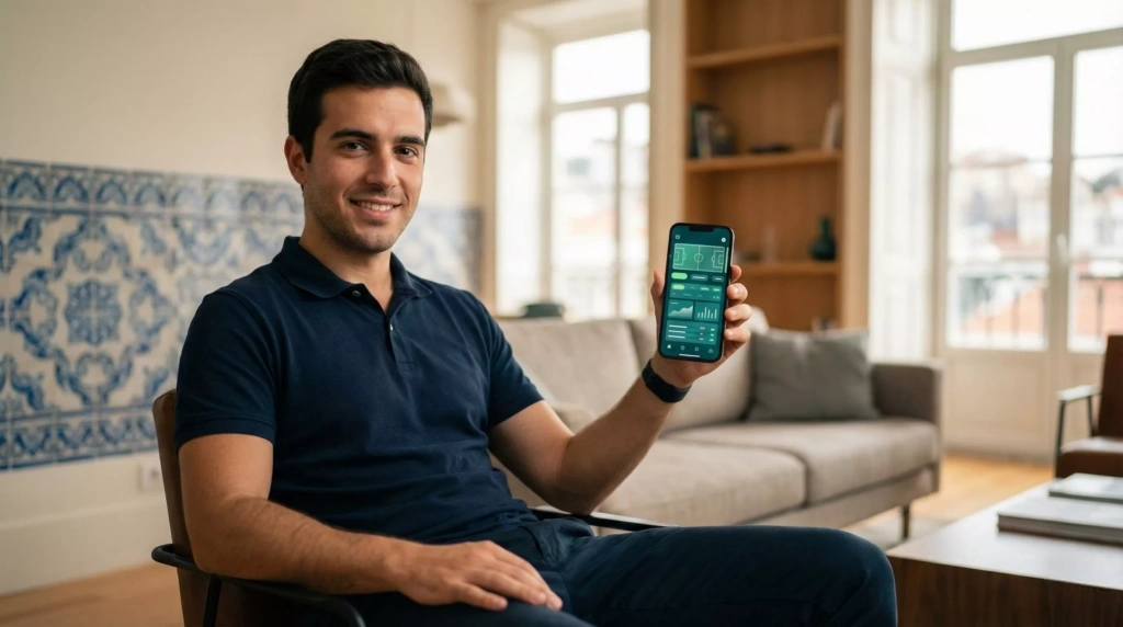 Jovem português a utilizar aplicação de apostas no smartphone num apartamento moderno em Lisboa