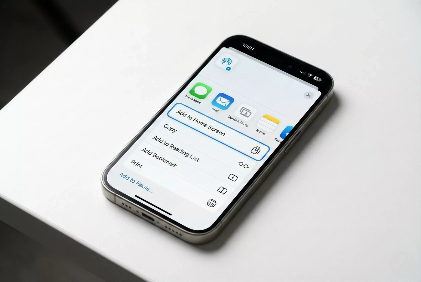 Menu de partilha do Safari para adicionar atalho ao ecrã principal do iPhone