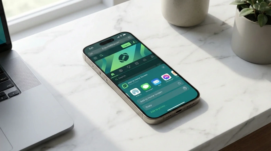 iPhone a apresentar site móvel de apostas no Safari com opção de adicionar ao ecrã inicial