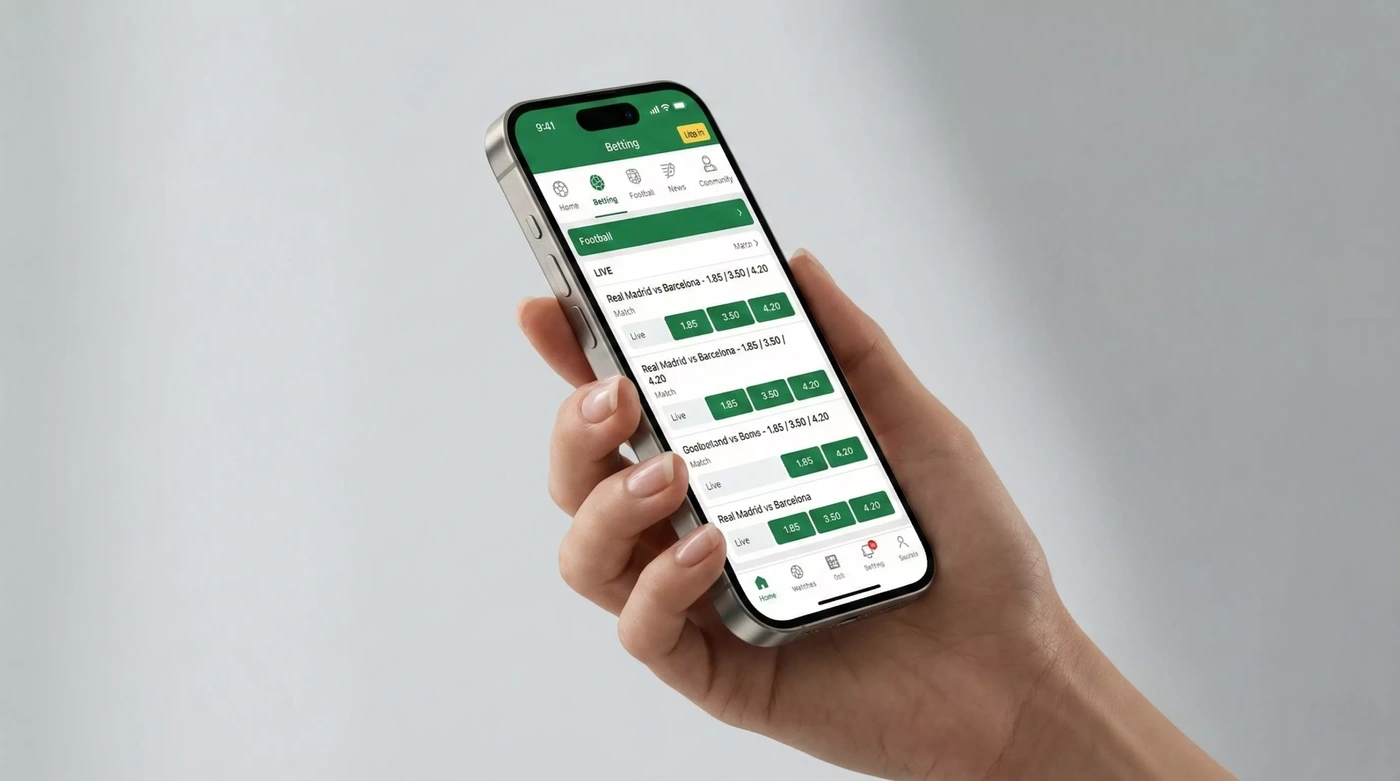 iPhone moderno com interface de app de apostas desportivas mostrando odds de futebol