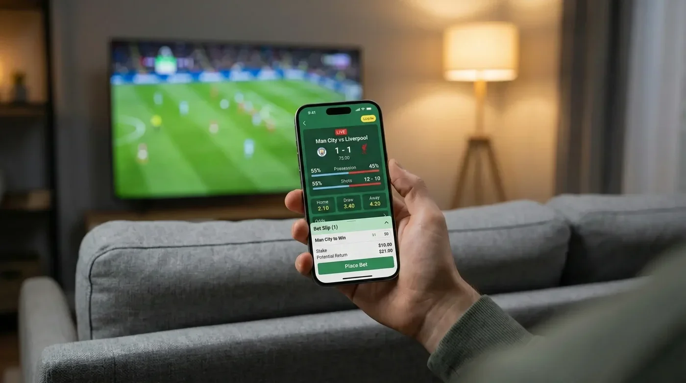 iPhone mostrando funcionalidades completas de site de apostas com odds ao vivo