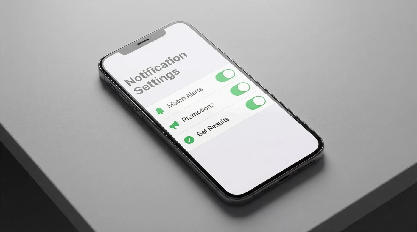 Configurações de notificações numa app de apostas com opções de alertas activadas
