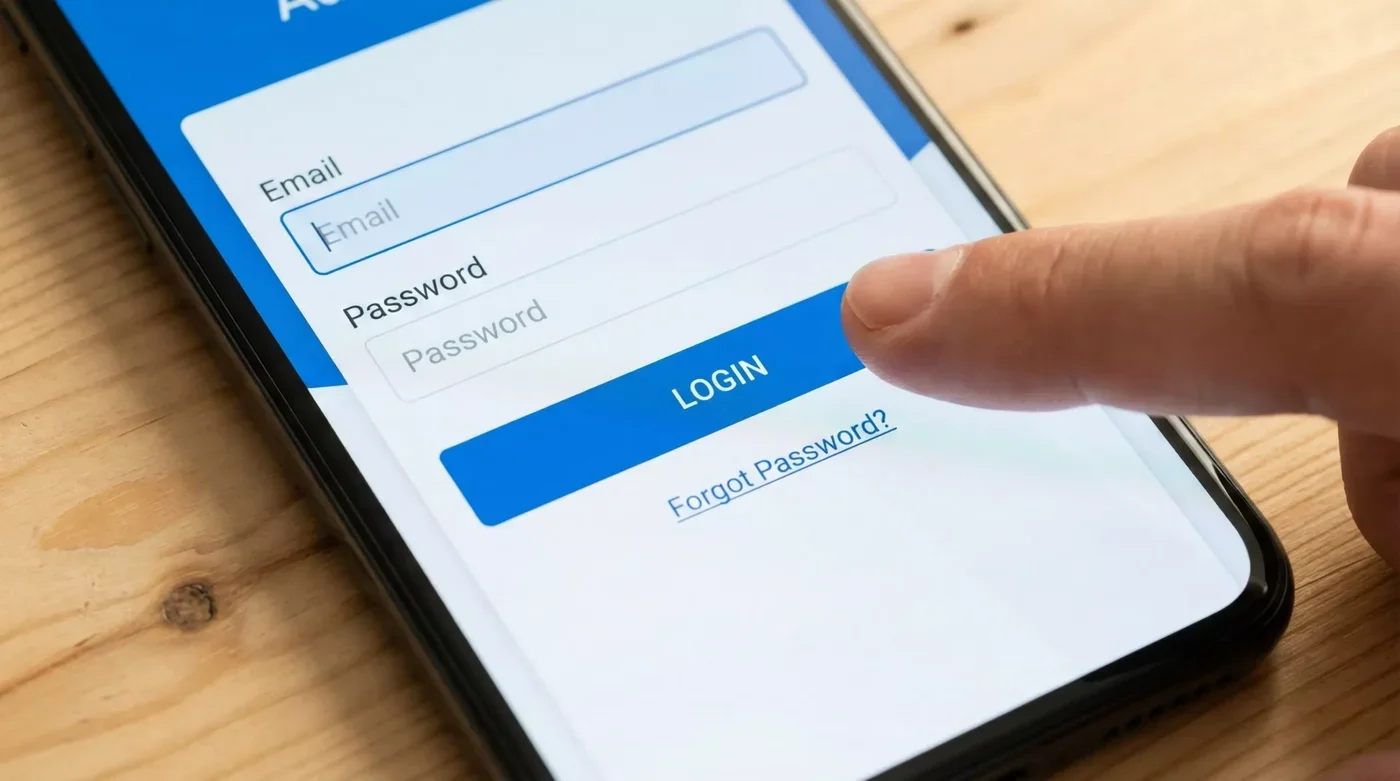 Ecrã de login numa app de apostas com campos de email e palavra-passe