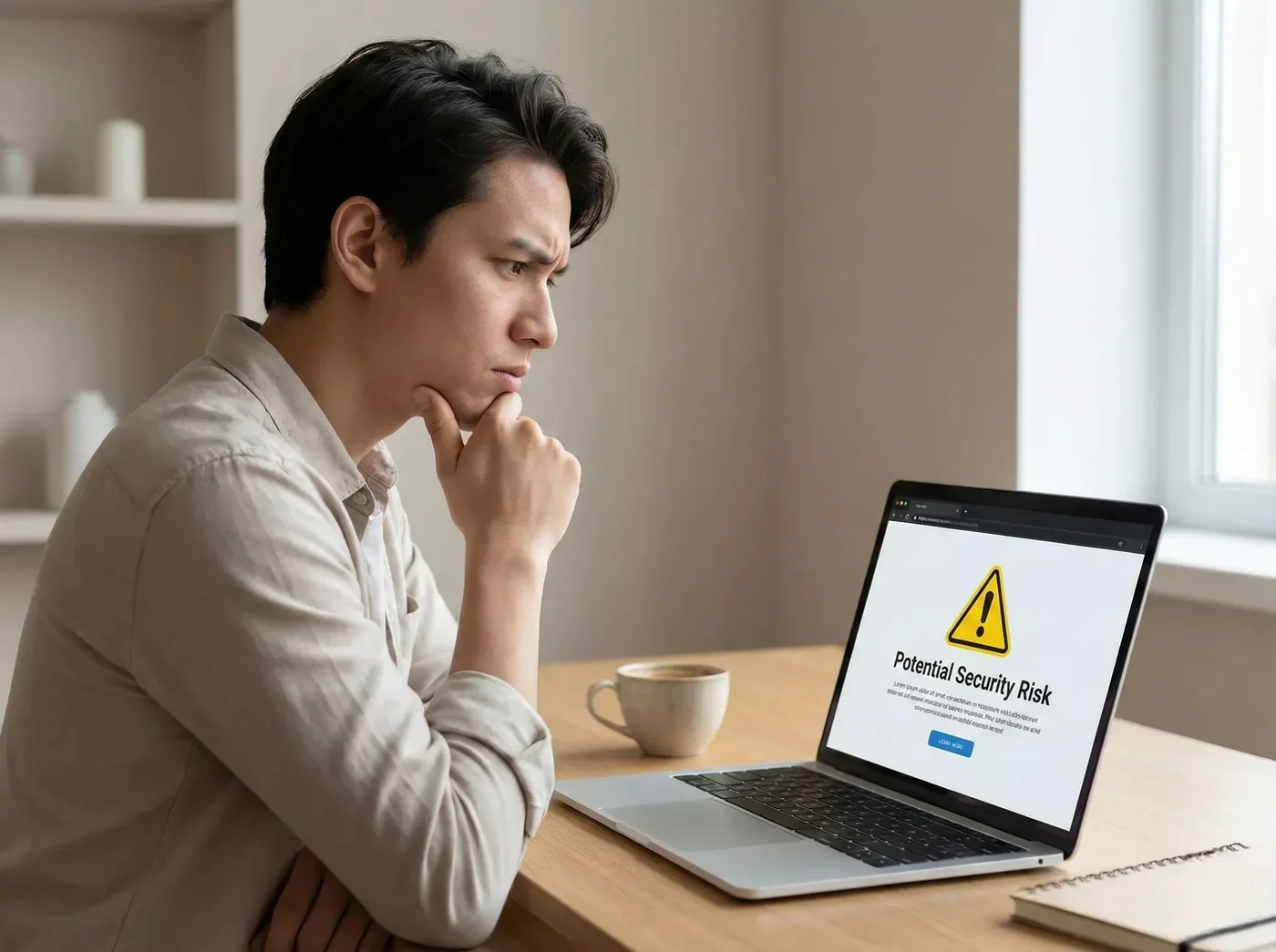 Pessoa a avaliar cuidadosamente um site suspeito no computador